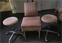 Adjustable Chair and 2 Rolling Stools