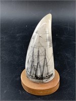 Michael Scott fossil whale's tooth, with scrimshaw