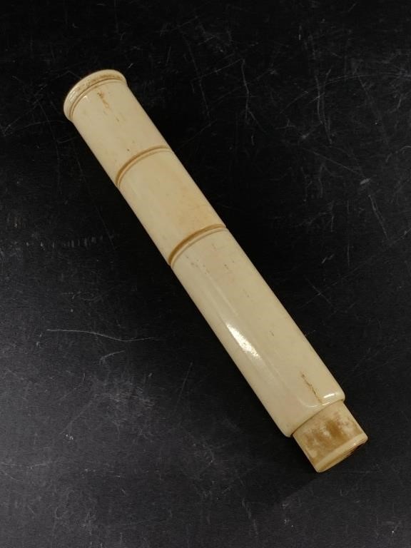 Threaded antique bone needle case, missing a piece