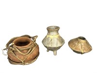 (3) Decorative Pottery Vases w/ Rawhide & Twig