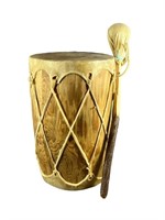 A Wood Drum w/ Stretched Rawhide w/ Drumstick