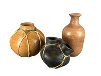 (3) Decorative Pottery Vases. (2) w/ Rawhide