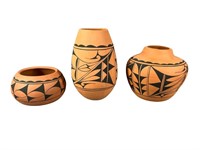 (3) Isleta Pueblo Pottery Vases ML Signed 3"-6"H