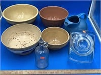 Lot Of Ceramic Bowls, Hall Pitcher, Glass Candy