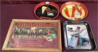 Budweiser Clock Sign & Metal Trays