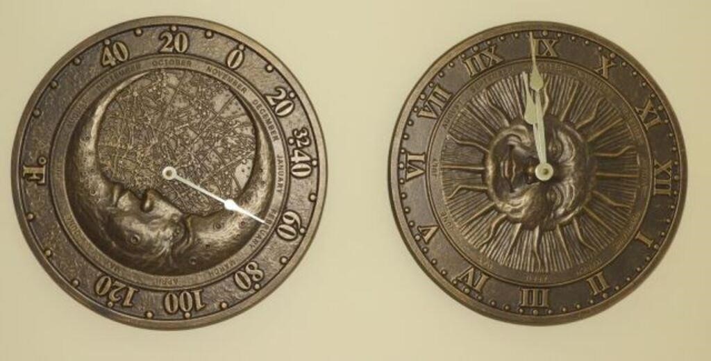 Roman numeral sun dial clock and Half man in