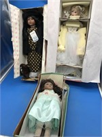 Trio of Porcelain/Cloth Dolls in Boxes