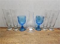 4 Tall Beer Glasses  2 Blue Floral GOBLETS +Poland