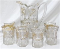 Pressed Glass Pitcher and 6 Cups Set