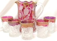Cranberry flashed pressed glass pitcher & glasses