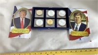 JFK & Donald Trump medallions, 6, silver & gold