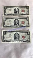 3- 1963 red seal $2.00 bills
