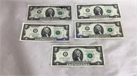 5- $2.00 bills, 1976, 1995