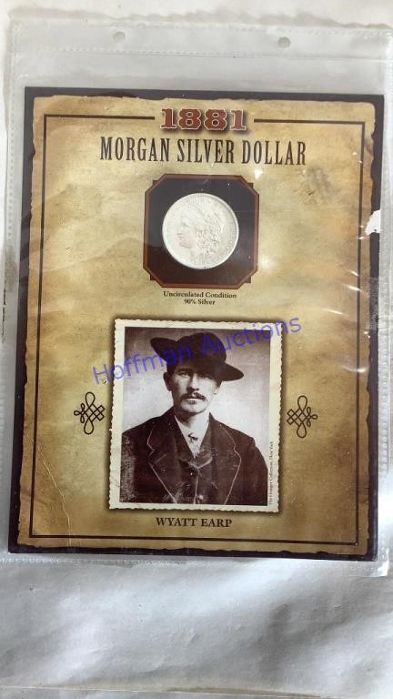 1881 Morgan Silver dollar, S, & Wyatt Earp stamp