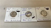 3 Roosevelt dimes, Rev. rotated left & error
