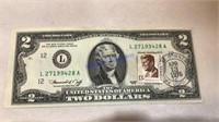 1976 $2.00 bill w/ Kennedy 13 cent stamp