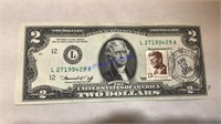 1976 $2.00 bill w/ Kennedy 13 cent stamp &