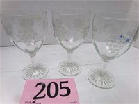 3 ETCHED WINE GLASSES