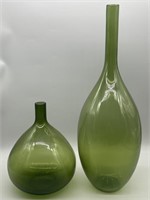 (2) Olive Green Art Glass Bottle Vases