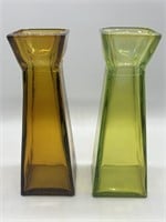 (2) Amber & Green Glass Flower Vases
