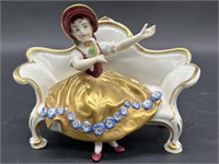 Vintage Porcelain Figurine: Girl on Sofa w/ 22k
