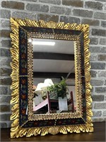 Blue Calico Flower w/ Gold Leaves Framed Mirror