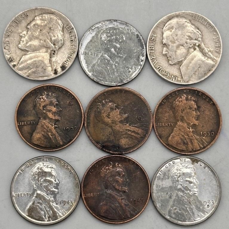 3- 1943 Steel War Pennies + 2- 1946 P Nickel +