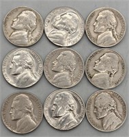 (9) Nickels: 3- Uncirculated 1967 P, 3- 1952 D, +