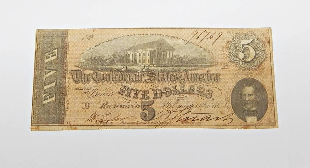 FEB. 17, 1864 CONFEDERATE $5 NOTE - VF