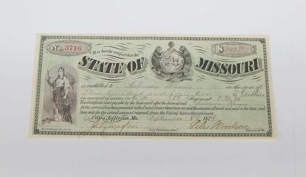 1874 MISSOURI CHECK for SERVICE in 8th REGIMENT