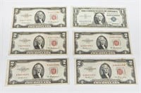 5 RED SEAL $2 NOTES and $1 SILVER CERTIFICATE