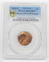 1952-D LINCOLN CENT - 15% OFF CENTER - PCGS