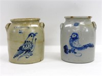 (2) Stoneware Crocks. 19th century. Blue bird