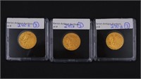 (3) 5 dollar gold Indian Head coins, 1908, 1909,