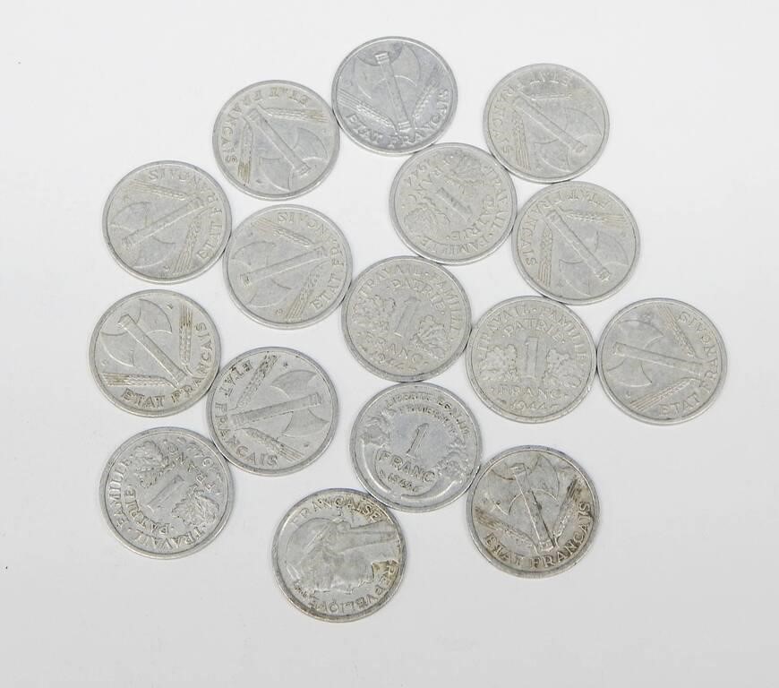 FRANCE - 16 ALUMINUM WWII ONE FRANC COINS