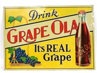 Litho tin Drink Grape Ola soda sign, embossed