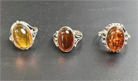 3 VINTAGE STERLING RINGS WITH AMBER STONES
