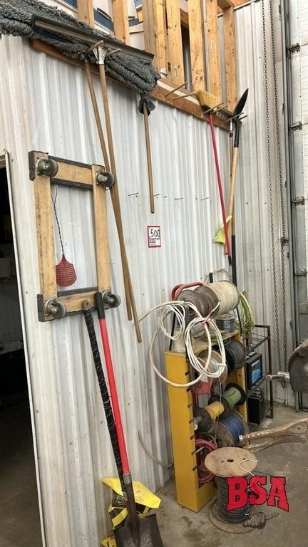 QTY of Shovels, Squeegee Mop, Wire Stand + Wire,