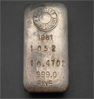 Homestake Mining Co. 10.47 Oz  999 Fine Silver Bar