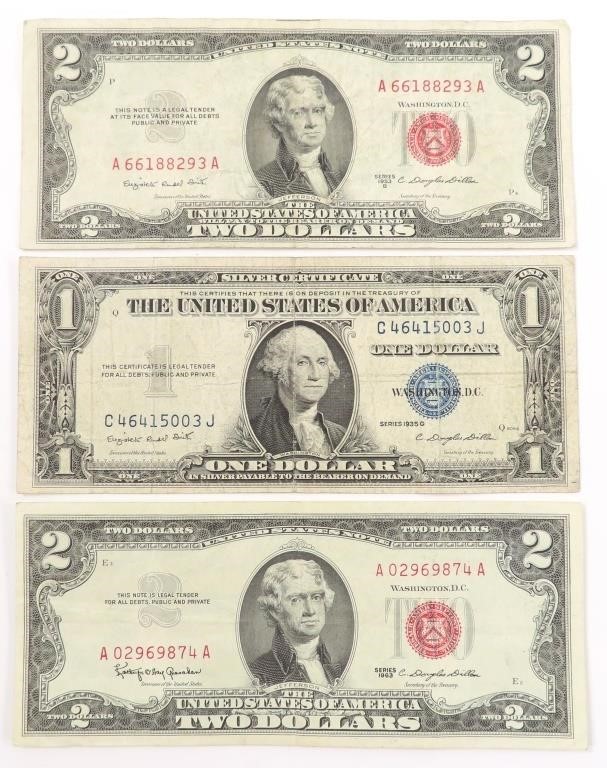 TWO $2 RED NOTES ONE $1 SILVER CERTIFICATE
