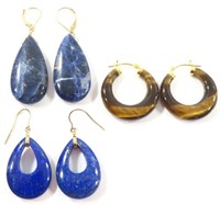 LOT OF THREE 14KT GOLD & POLISHED STONE EARRINGS