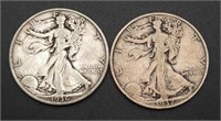 2 - Walking Liberty Half Dollars, 1936-D, 1937