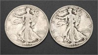 2 - 1938 Walking Liberty Half Dollars (1-D)