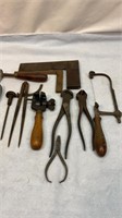 Vtg glass saw, nippers, clamp, etc