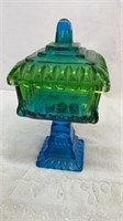Blue and green pedestal candy jar