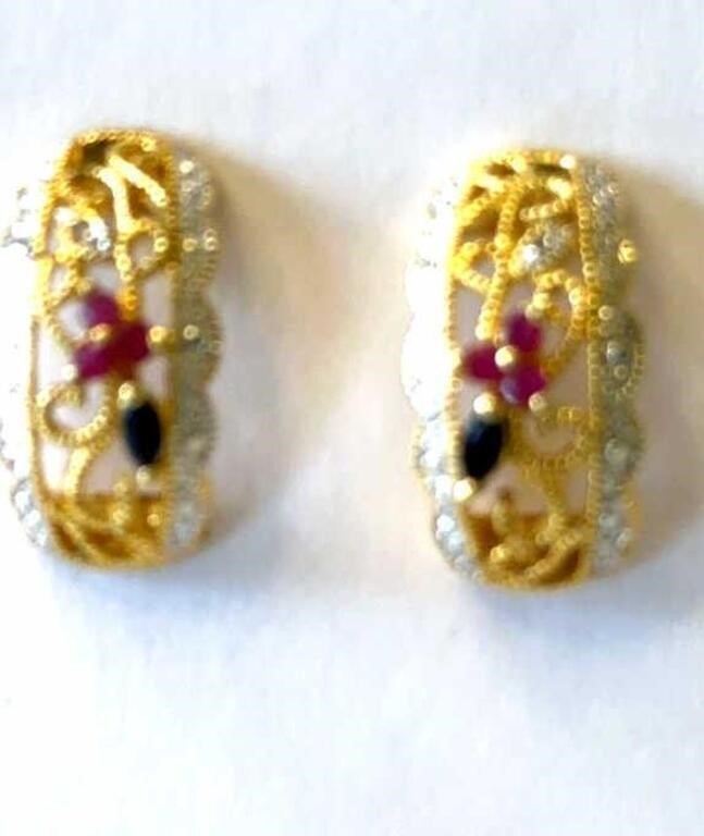 Silver plated pierced earrings with Ruby, Emerald