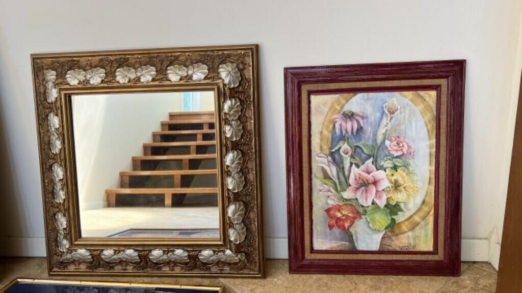 Gold grapevine wreath mirror, floral watercolor