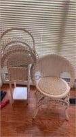 White wicker chair, basket, bed Kanye stand