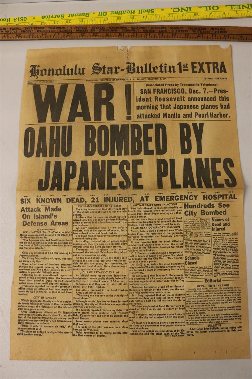 Front Page Honolulu Star- Bulletin Dec 7th 1941 &