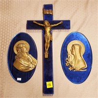 Blue Glass Crucifix & 2 Religious Plaques